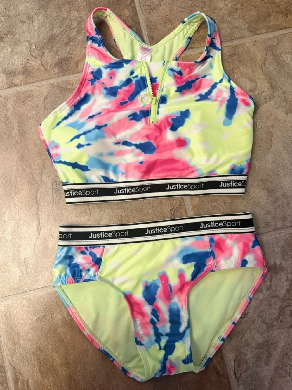 ❤️Justice Sport Tie Dye Bikini Set Girls Sz 12/14 Neon Swimsuit Colorful Summer